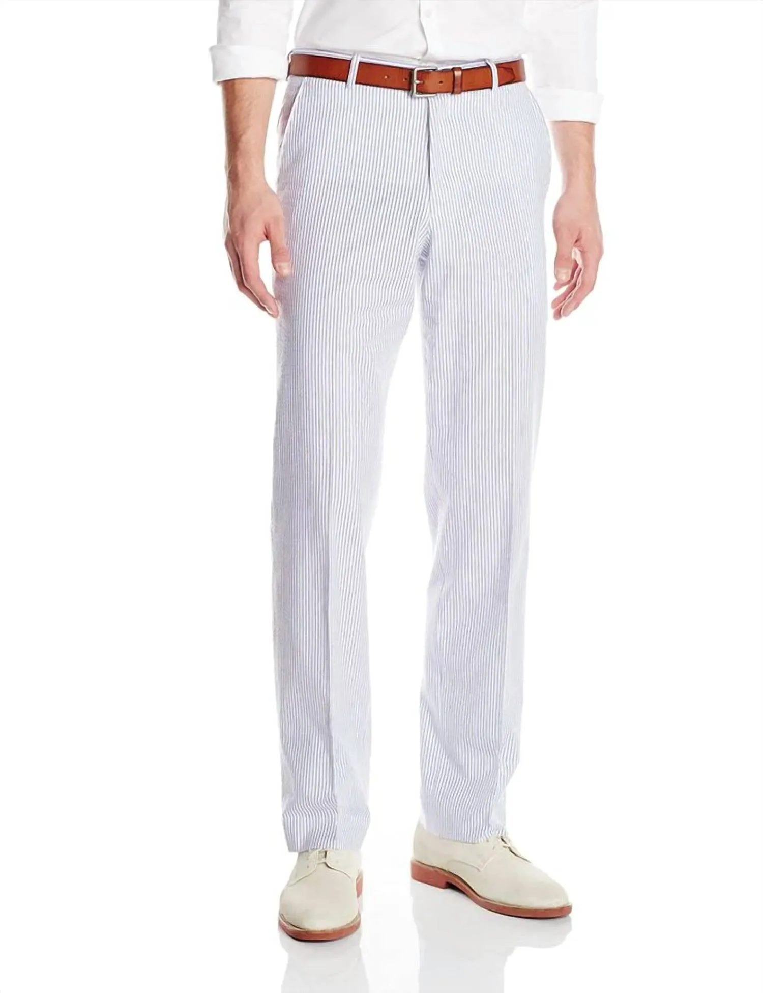 Oxford Seersucker Flat Front Pant In Navy/white