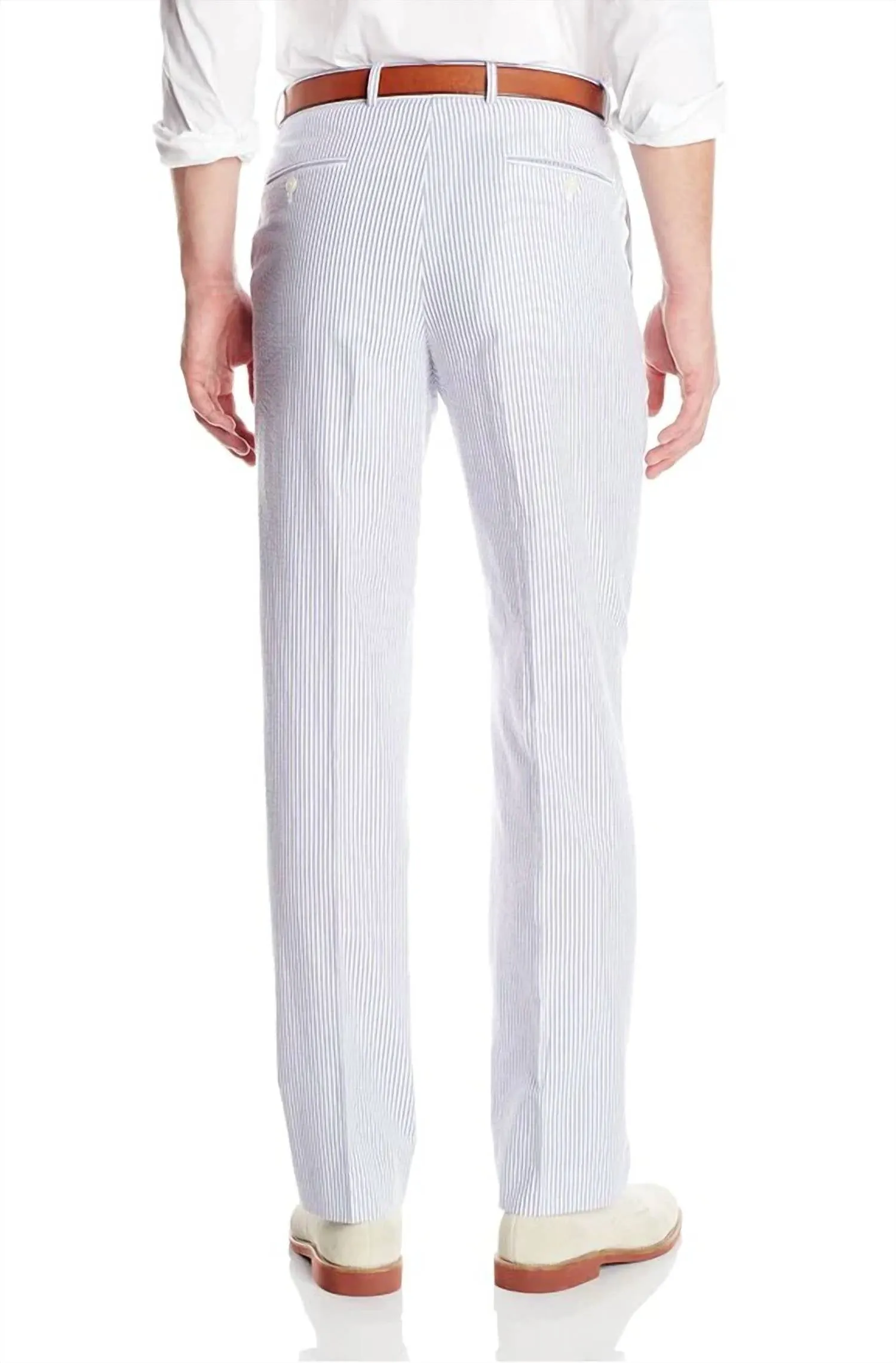 Oxford Seersucker Flat Front Pant In Navy/white
