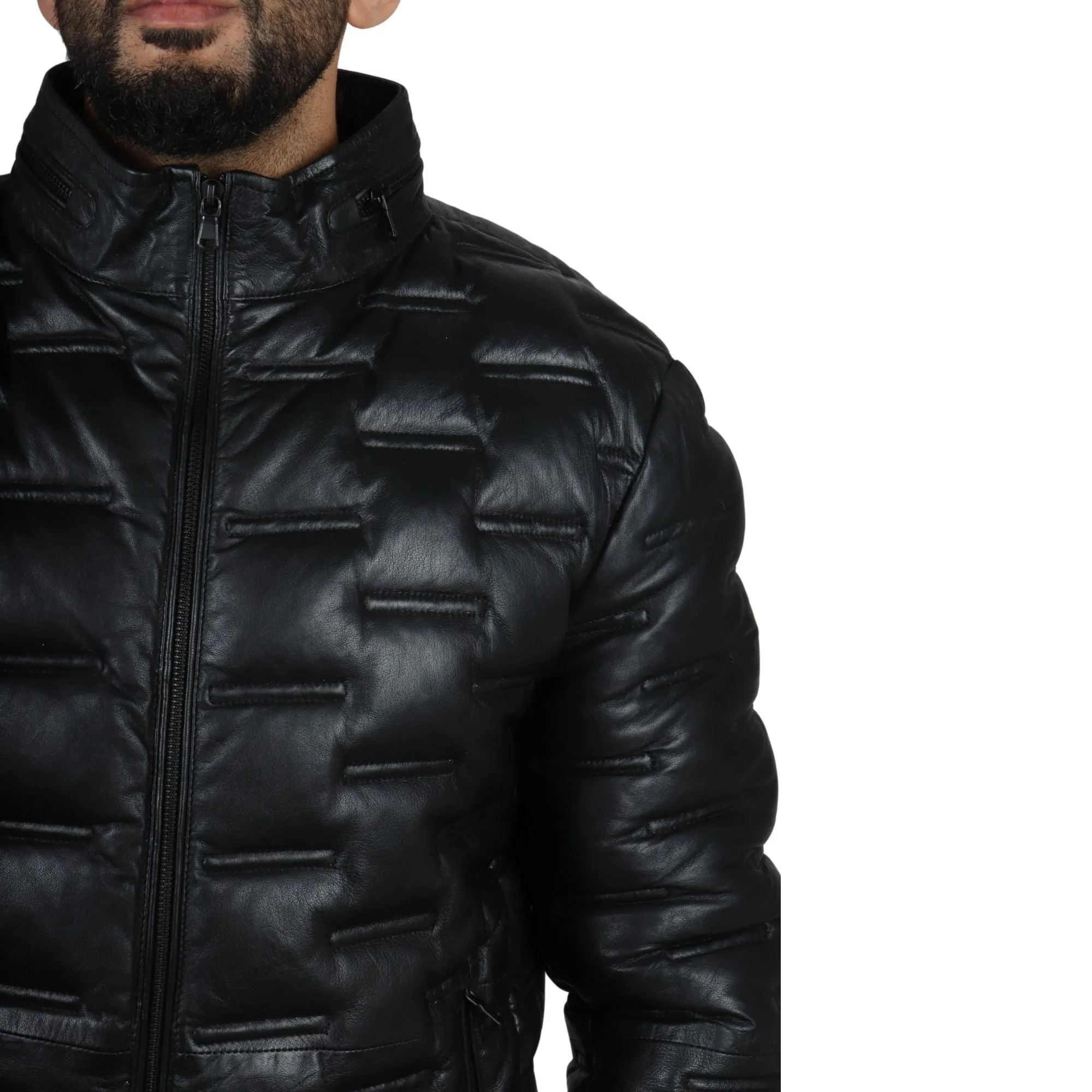 Puffer Quilted Real Leather Waist Length Jacket