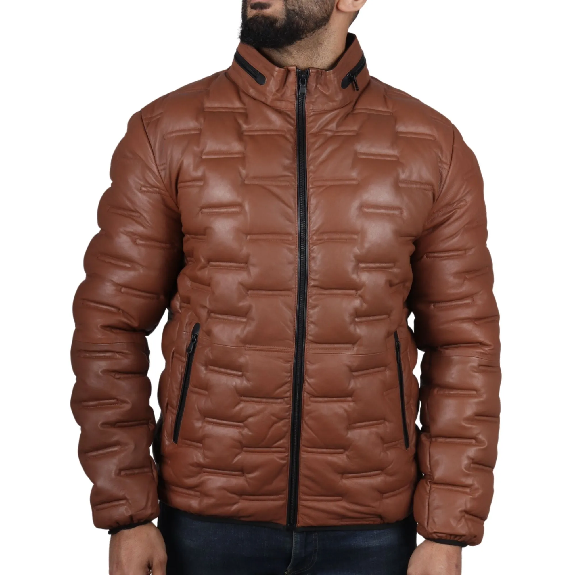 Puffer Quilted Real Leather Waist Length Jacket