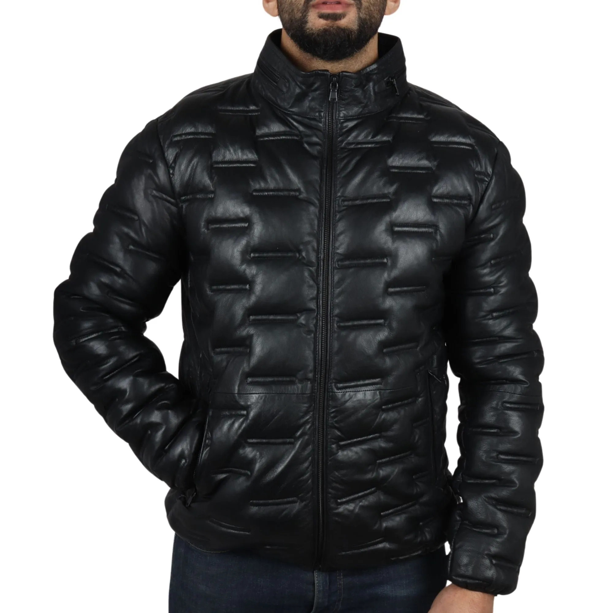 Puffer Quilted Real Leather Waist Length Jacket