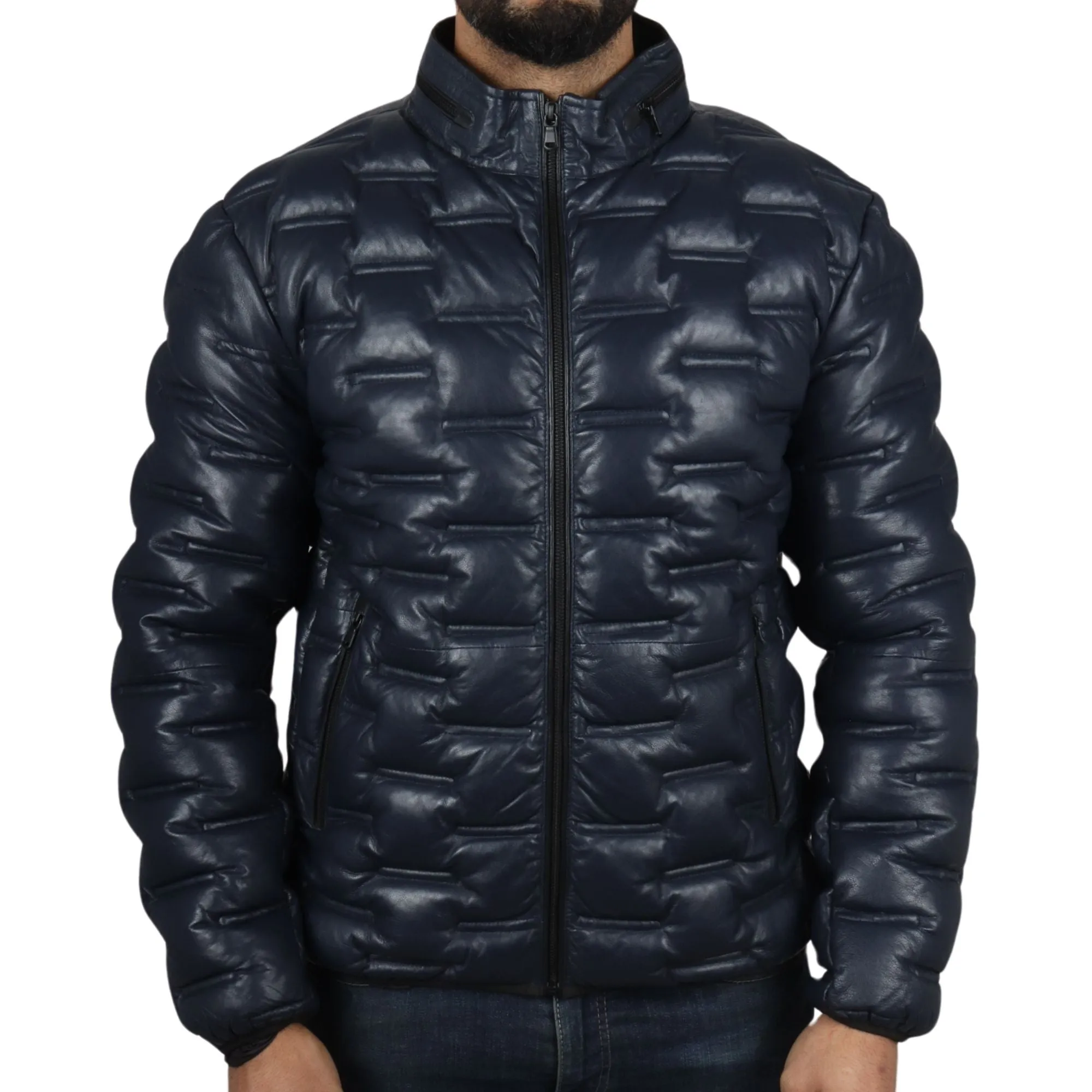 Puffer Quilted Real Leather Waist Length Jacket