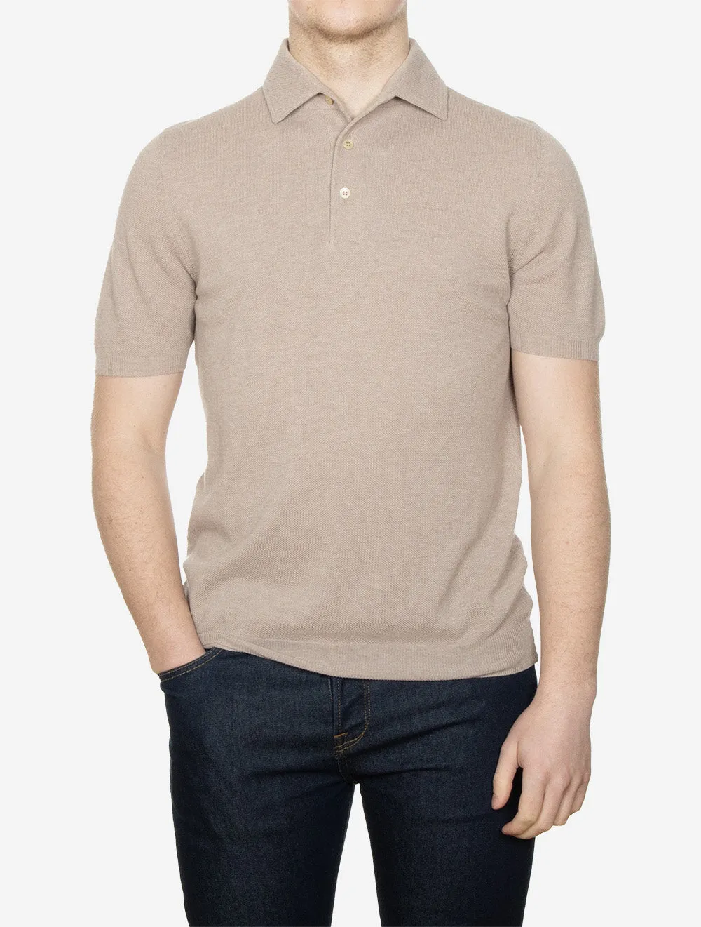 Weave Short Sleeve 3 Button Polo Light Brown
