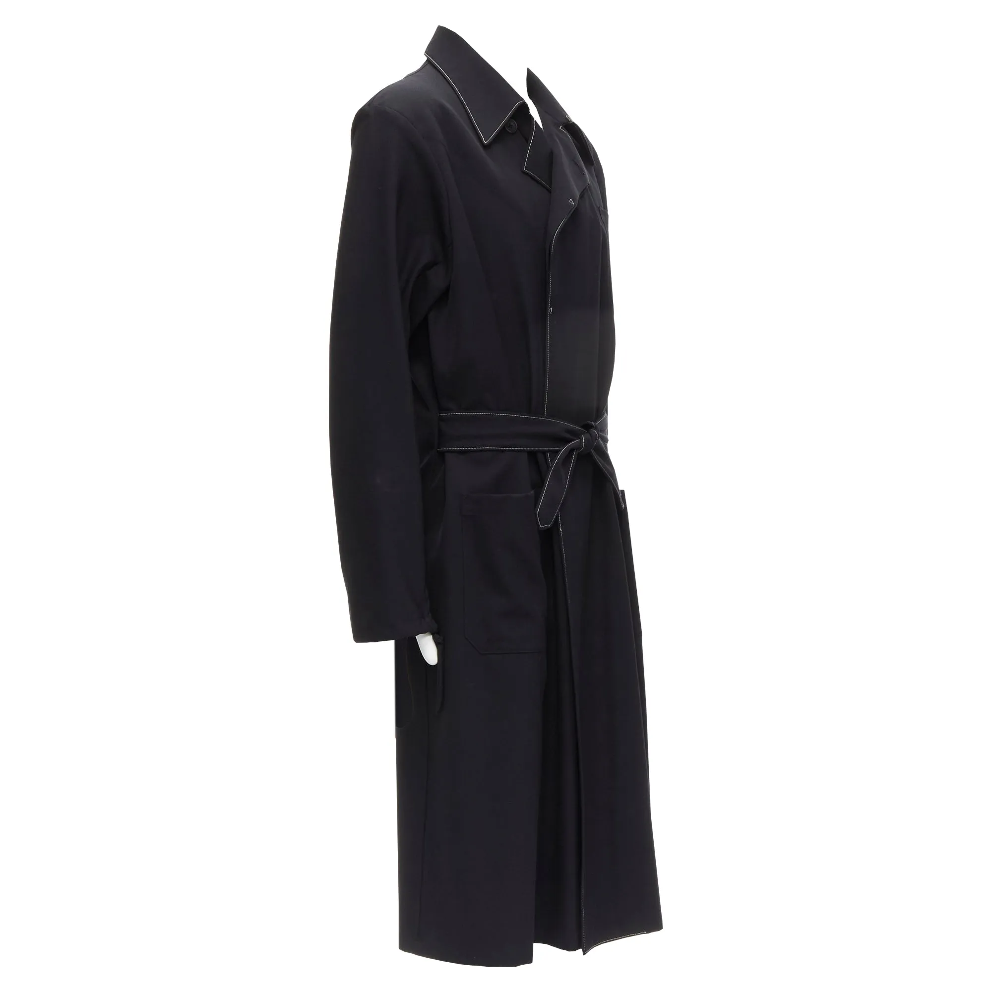 Yohji Yamamoto topstitched draped belted coat