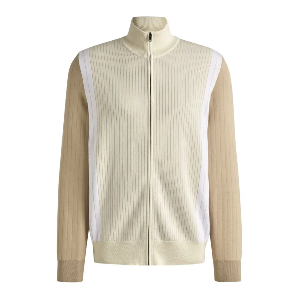 Zip-up cotton cardigan with knitted pinstripes