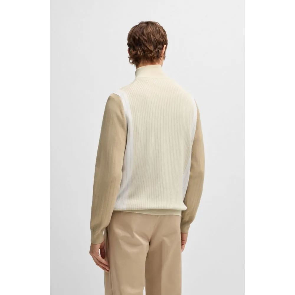 Zip-up cotton cardigan with knitted pinstripes